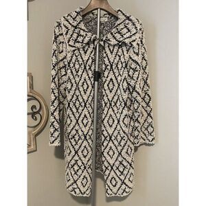 Solitaire By Ravieholsa Aztec Open Cardigan Long Sweater Black Cream Women Sz L